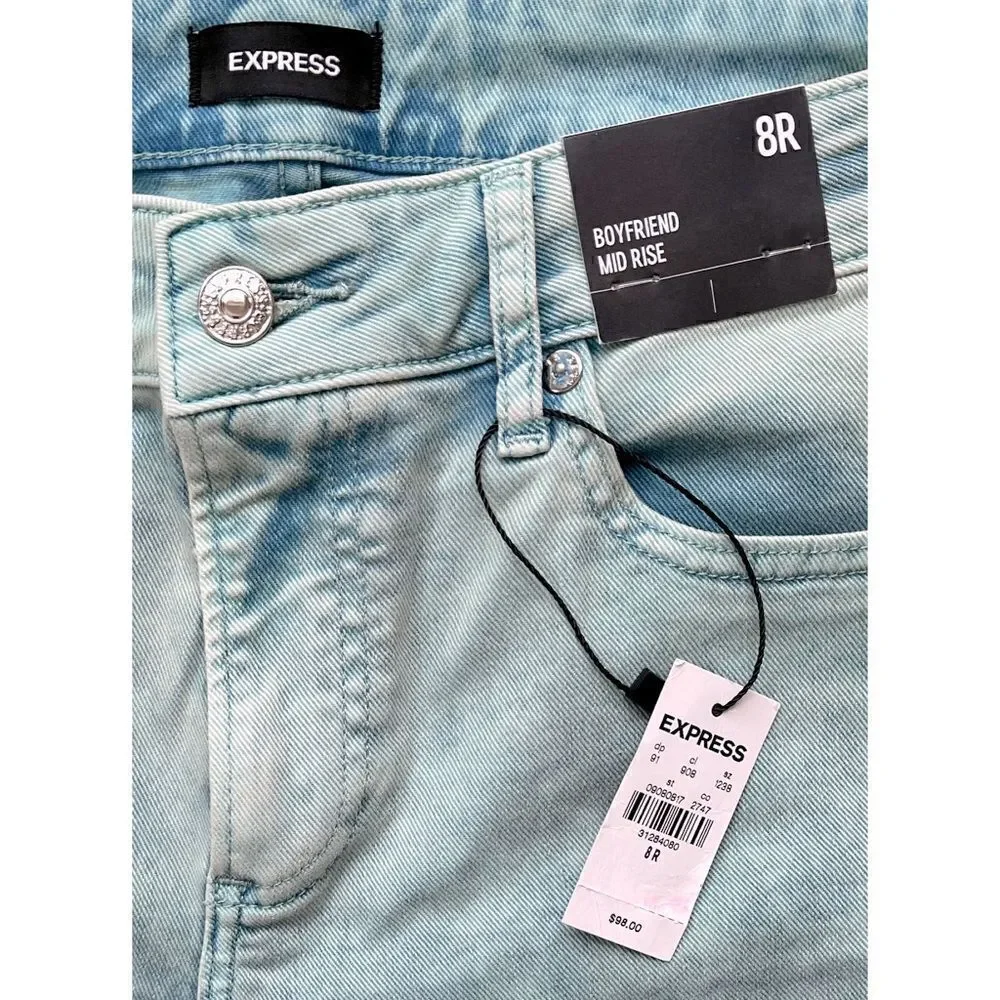 NWT Express Mid Rise Mint Green Tinted Boyfriend Jeans, Size 8R